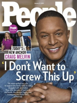 Craig Melvin, the new anchor for NBC, smiles confidently on the cover of People magazine, discussing his family's support and career challenges.
