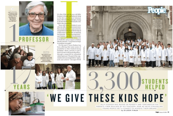 A diverse group of students in white lab coats stands outside a grand building, highlighting their educational achievements and mentorship program.
