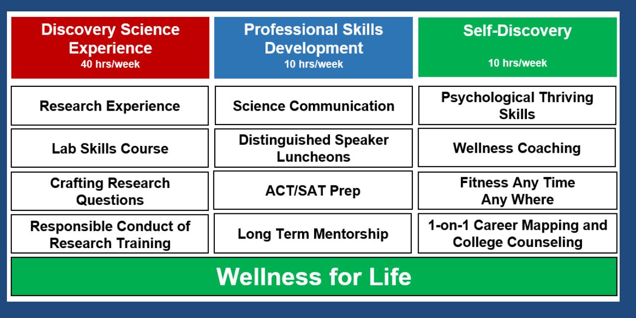 Program overview highlighting three key areas: Discovery Science Experience, Professional Skills Development, and Self-Discovery, with respective activities and hours per week.
